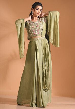 Embroidered Pure Chiffon Crop Top Set in Dusty Green