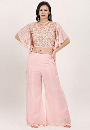 Embroidered Pure Chiffon Crop Top Set in Light Pink