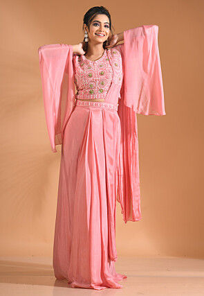 Embroidered Pure Chiffon Crop Top Set in Pink