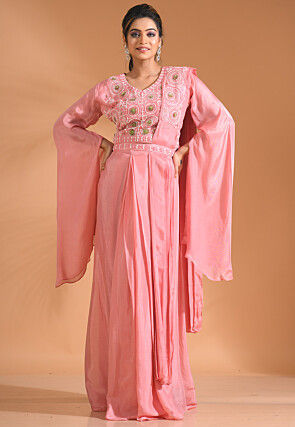 Embroidered Pure Chiffon Crop Top Set in Pink