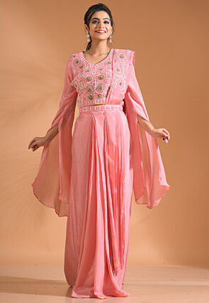 Embroidered Pure Chiffon Crop Top Set in Pink