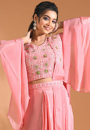 Embroidered Pure Chiffon Crop Top Set in Pink