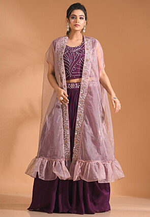 Hand Embroidered Pure Chiffon Crop Top Set in Violet