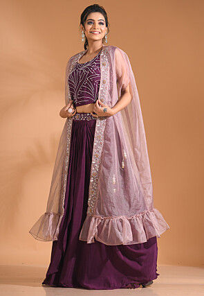 Hand Embroidered Pure Chiffon Crop Top Set in Violet