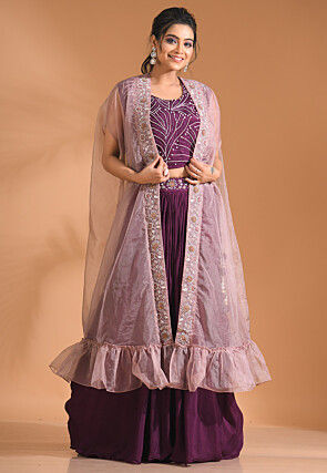 Hand Embroidered Pure Chiffon Crop Top Set in Violet