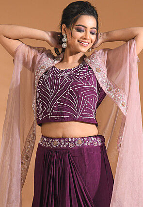Hand Embroidered Pure Chiffon Crop Top Set in Violet