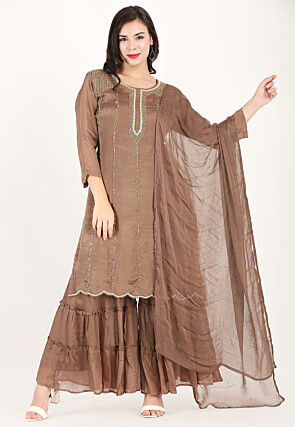 Embroidered Pure Chiffon Pakistani Suit in Brown
