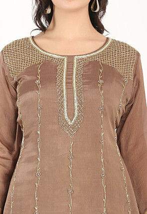 Embroidered Pure Chiffon Pakistani Suit in Brown