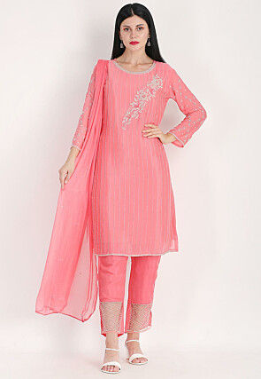 Embroidered Pure Chiffon Pakistani Suit in Dark Pink