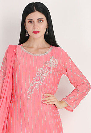 Embroidered Pure Chiffon Pakistani Suit in Dark Pink