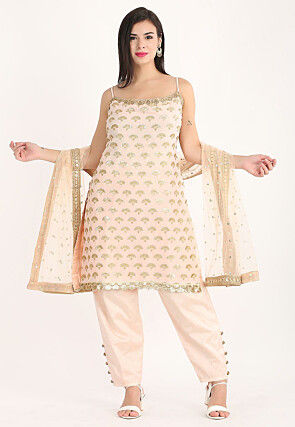 Embroidered Pure Chiffon Pakistani Suit in Light Peach
