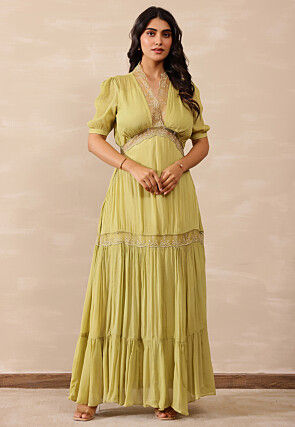 Schiffli Pure Chiffon Tiered Dress in Light Olive Green