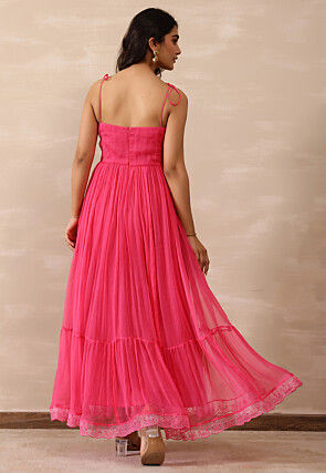 Embroidered Pure Chiffon Schiffli Tiered Dress in Pink