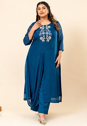 Embroidered Pure Chiffon Shimmer Aline Kurta Set in Teal Blue
