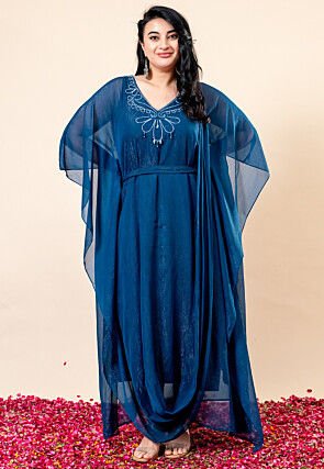 Embroidered Pure Chiffon Shimmer Gown in Teal Blue