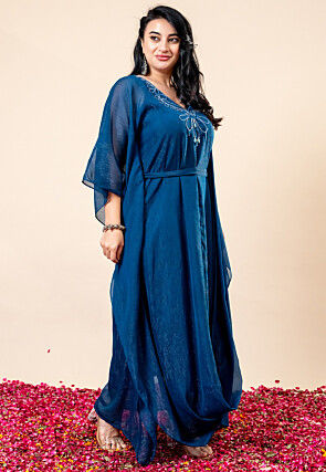 Embroidered Pure Chiffon Shimmer Gown in Teal Blue