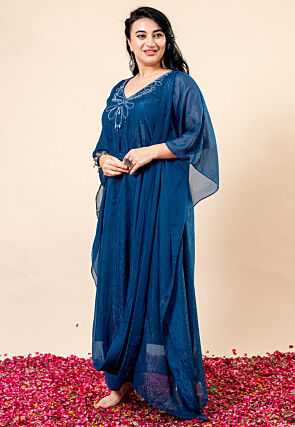 Embroidered Pure Chiffon Shimmer Gown in Teal Blue