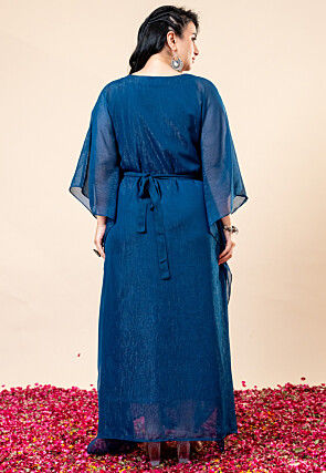 Embroidered Pure Chiffon Shimmer Gown in Teal Blue