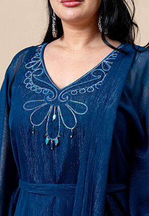 Embroidered Pure Chiffon Shimmer Gown in Teal Blue