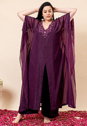 Embroidered Pure Chiffon Shimmer Kaftan Style Kurta Set in Violet