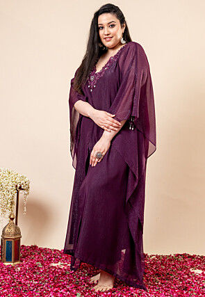 Embroidered Pure Chiffon Shimmer Kaftan Style Kurta Set in Violet