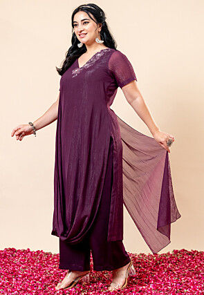 Embroidered Pure Chiffon Straight Kurta Set in Violet