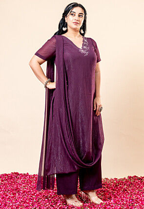 Embroidered Pure Chiffon Straight Kurta Set in Violet