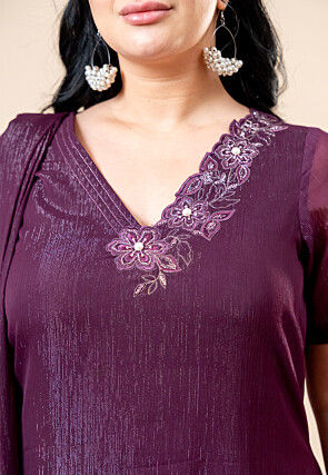 Embroidered Pure Chiffon Straight Kurta Set in Violet