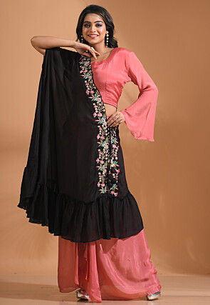 Embroidered Pure Chiffon Top Set in Peach