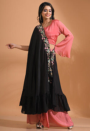 Embroidered Pure Chiffon Top Set in Peach