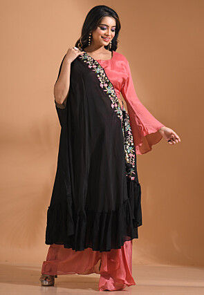 Embroidered Pure Chiffon Top Set in Peach