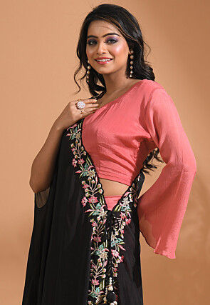 Embroidered Pure Chiffon Top Set in Peach