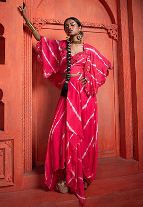 Embroidered Pure Chinon Chiffon Crop Top Set in Fuchsia