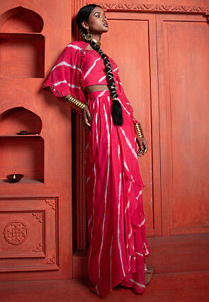 Embroidered Pure Chinon Chiffon Crop Top Set in Fuchsia