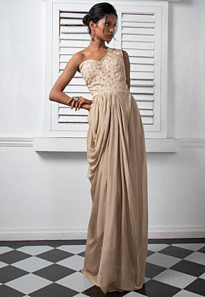Embroidered Pure Chinon Chiffon Gown in Dark Beige