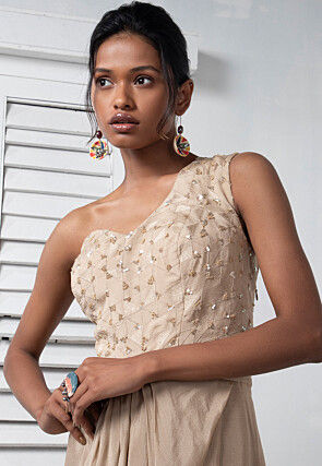 Embroidered Pure Chinon Chiffon Gown in Dark Beige