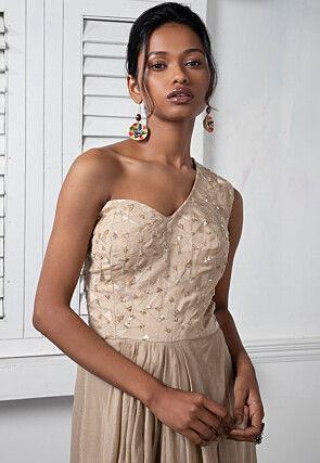 Embroidered Pure Chinon Chiffon Gown in Dark Beige