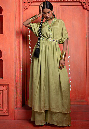 Embroidered Pure Chinon Chiffon Kimono Style Kurta Set in Dusty Green