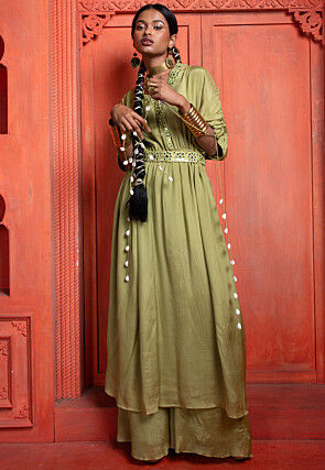 Embroidered Pure Chinon Chiffon Kimono Style Kurta Set in Dusty Green