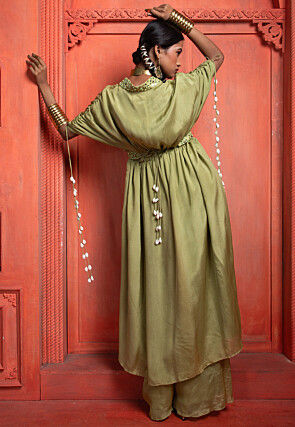 Embroidered Pure Chinon Chiffon Kimono Style Kurta Set in Dusty Green