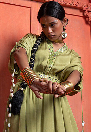 Embroidered Pure Chinon Chiffon Kimono Style Kurta Set in Dusty Green