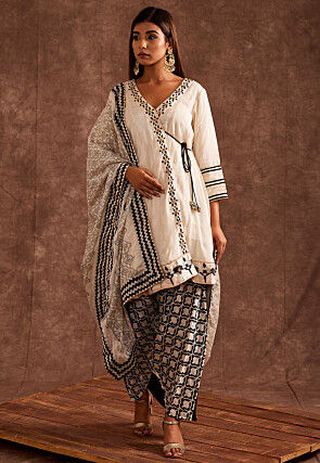 Embroidered Pure Chinon Chiffon Punjabi Suit in Off White