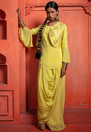 Embroidered Pure Chinon Chiffon Top Set in Yellow
