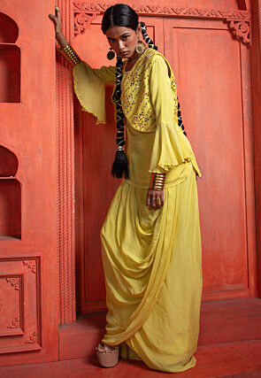 Embroidered Pure Chinon Chiffon Top Set in Yellow