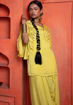 Embroidered Pure Chinon Chiffon Top Set in Yellow