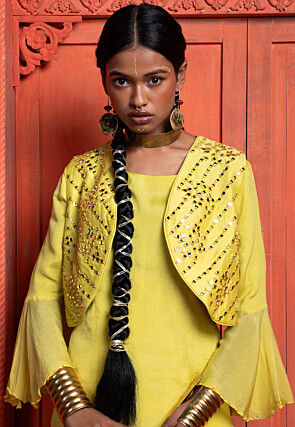 Embroidered Pure Chinon Chiffon Top Set in Yellow