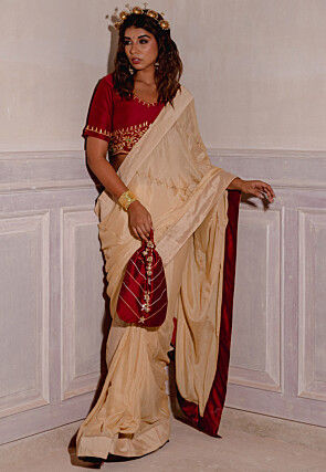 Embroidered Pure Chinon Silk Saree in Cream