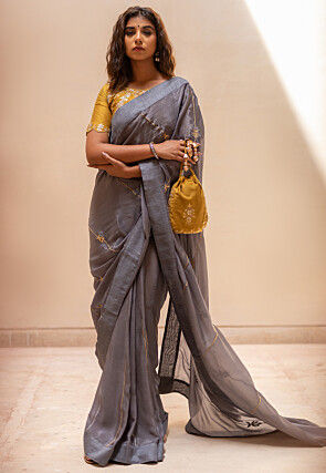 Embroidered Pure Chinon Silk Saree in Dark Grey