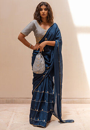 Embroidered Pure Chinon Silk Saree in Teal Blue