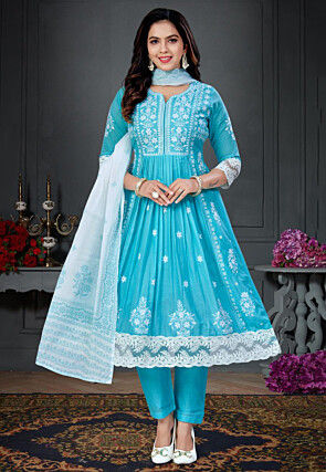 Embroidered Pure Cotton A Line Suit in Blue
